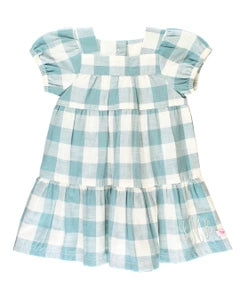 RuffleButts Antique Blue Plaid Puff Sleeve Tiered Dress