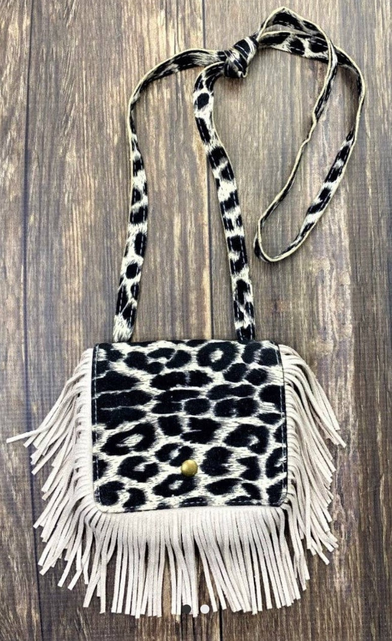 Ivory Leopard Boho Fringe Crossbody Flap Purse