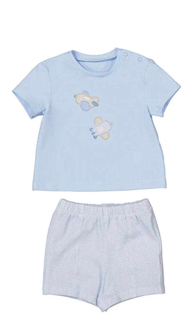 Mayoral Blue Airplane Embroidered Short Set