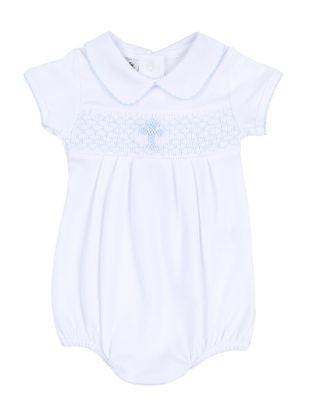 Magnolia Baby Blessed Smocked Collared S/S Boy Bubble Light Blue
