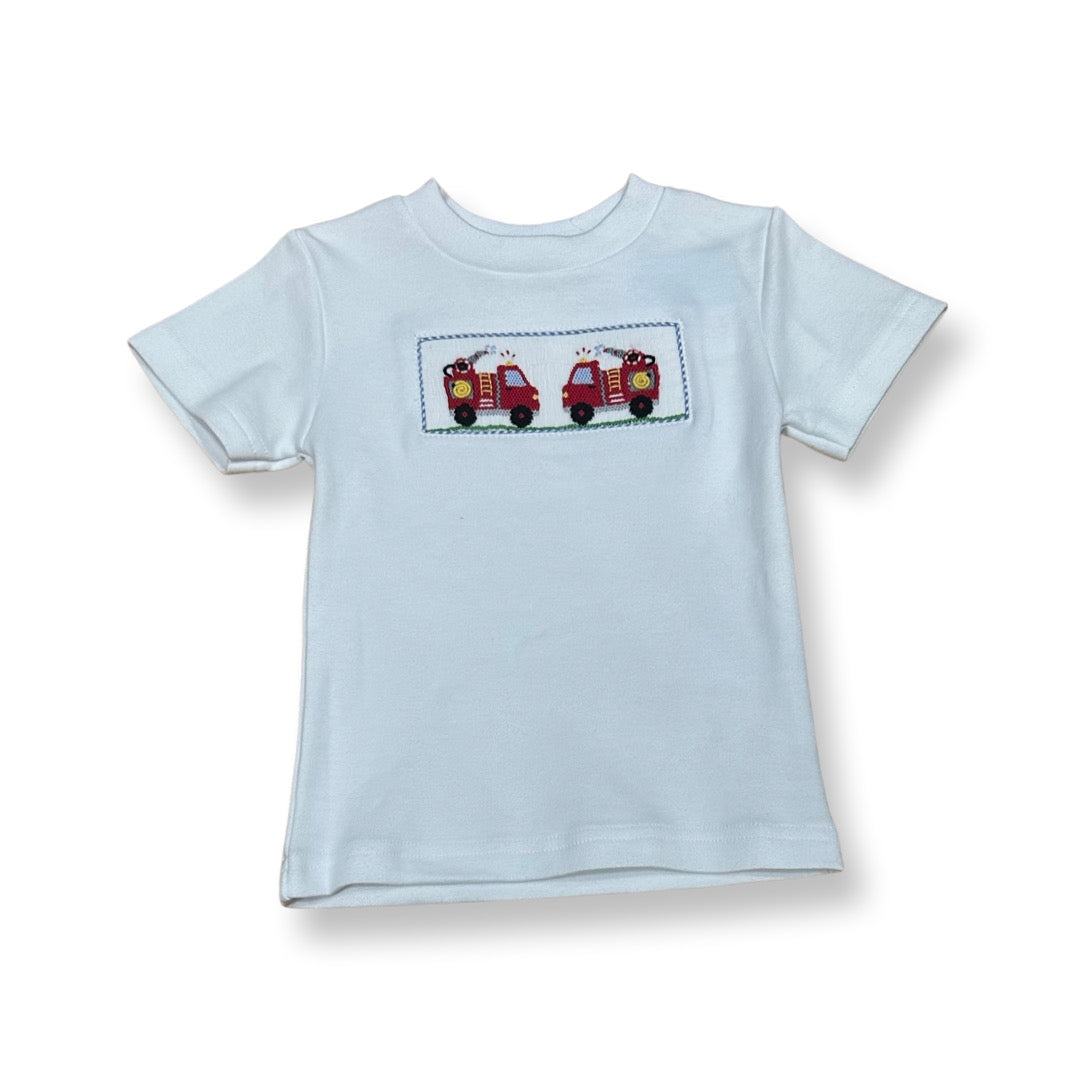 Vive La Fete Fire Trucks Smocked White Short Sleeve